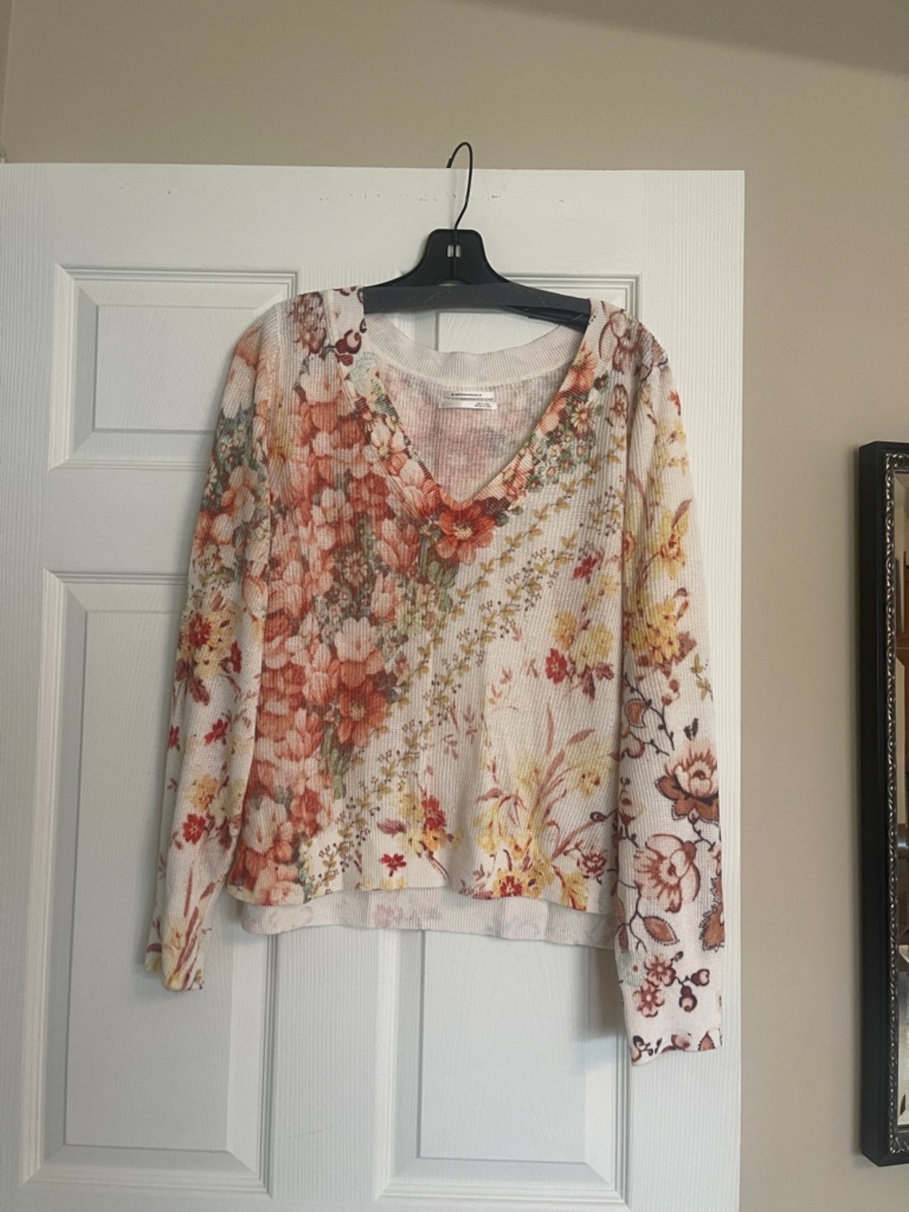 Anthropologie Cream V-Neck Sweater with Peach, Yellow & Green Floral Motif